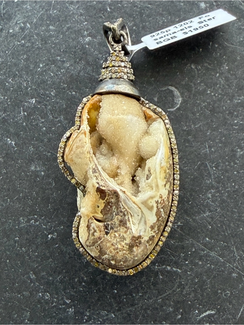Agatized left hand coiling shells with natural druzy & Diamond pendant